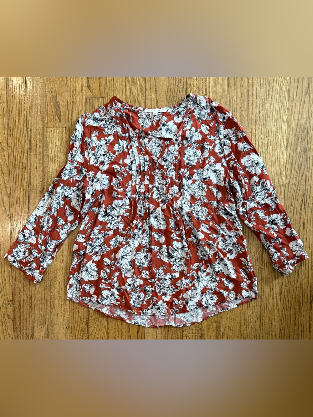 Fun2Fun Rust Floral Boho Peasant Blouse Rayon Pintuck Long Sleeve Size L